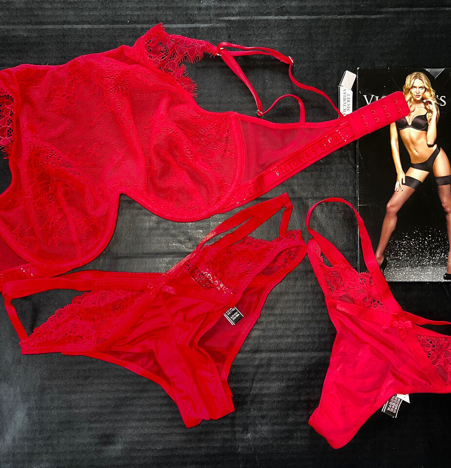Primary image for NWT Victoria's Secret high-neck unlined 32D BRA SET+S thong+panty RED lace