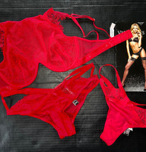 NWT Victoria&#39;s Secret high-neck unlined 32D BRA SET+S thong+panty RED lace - £77.85 GBP