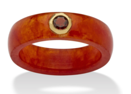 Round Genuine Garnet And Red Jade Ring Band 10K Yellow Gold 5 6 7 8 9 10 - £160.84 GBP