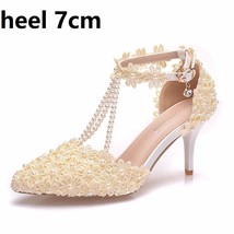 Crystal Queen Pointed Toe Shoes Women High Heels Ivory Flower Lace Ankle Strap S - £49.01 GBP