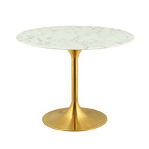 40&quot; White Round Pedestal Stem Dining Table Gen. Stone Faux Marble Top Gold Base - £734.16 GBP