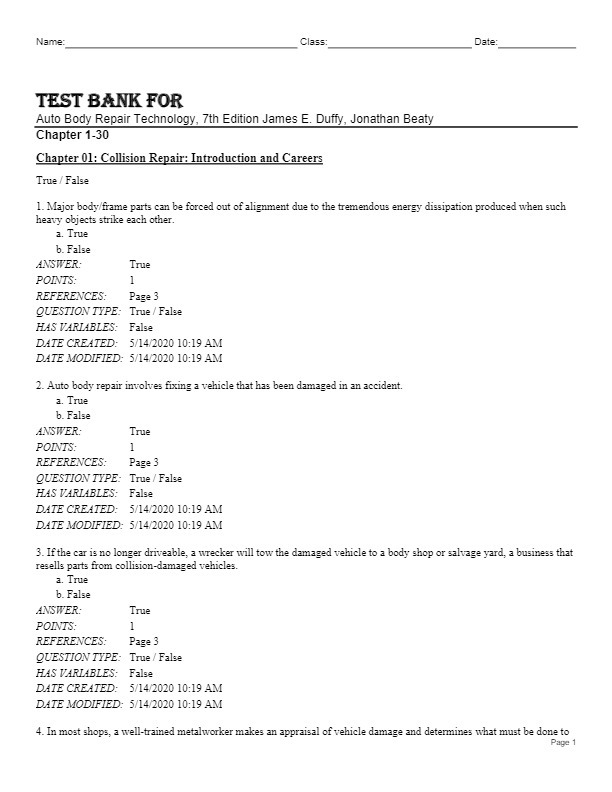 Test Bank For Auto Body Repair Technology, 7th Edition by James E. Duffy... - $17.99