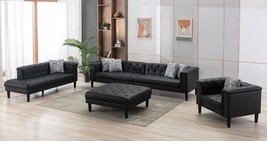 Cochem Living Room Set in Vegan Leather Tufted Sofa Chaise Chair, Ottoman in Bla - £872.91 GBP