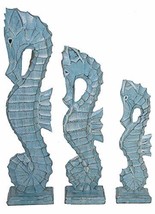 NAUTICAL SET OF 3 WOOD TEAL BLUE AQUA SEAHORSES STANDING ART DECOR 20&quot; 1... - £27.56 GBP