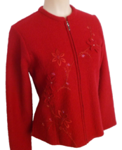 Sz PS DRESSBARN Embroidered Christmas Red Blazer Embellished Beads Zip Up - £23.26 GBP