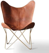 Leather Living Room Chairs-Butterfly Chair Brown Leather Butterfly, Golden Frame - £125.45 GBP