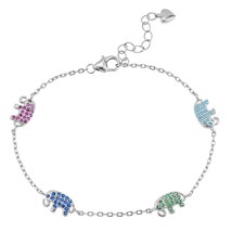 Riveting Colorful Elephants Cubic Zirconia Adorned Sterling Silver Bracelet - £14.65 GBP