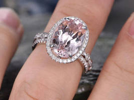 Oval Cut Morganite &amp; Diamond Engagement &amp; Wedding Ring 14K Gold Finish - £68.31 GBP