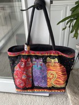 ❤️Vintage Laurel Burch 3 Cat Tote with Painted Wooden Bag Charm SUN &amp; SAND - £23.13 GBP