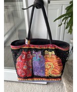 ❤️Vintage Laurel Burch 3 Cat Tote with Painted Wooden Bag Charm SUN &amp; SAND - £22.69 GBP