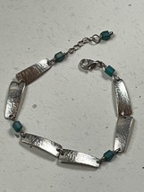 Thin Lightly Etched Silvertone Tapered Rectangle Links w Tiny Turquoise ... - £11.90 GBP