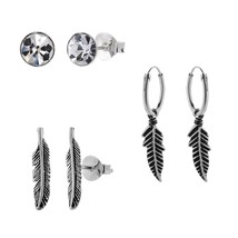925 Silver Earrings Set - Crystal Stud Earrings &amp; Feather Hoops - $20.56
