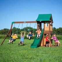 Swing Set Cedar Wooden Outdoor Playground 2 Swings Slide Trapeze Rings P... - £901.65 GBP