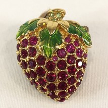 Vintage Swarovski strawberry pin red white &amp; pink crystal gold green leaf brooch - £27.06 GBP