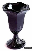Small Black Glass Footed Vase, Italian, Edge Crimped, Leaf Design Foot - $16.87