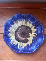 Artist Signed Hand Painted Cobalt Blue w Large Yellow Sunflower Lightweight Wood - £14.77 GBP