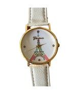 Paris Eiffel Tower White Vegan Leather Gold Tone Buckle Strap Analog Wat... - $40.12 CAD