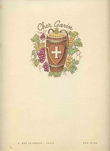 Chez Garin Menu 2 Michelin Stars Rue La Grange Paris France 1960&#39;s - £394.09 GBP