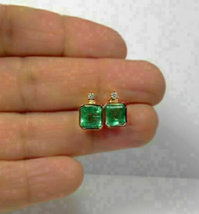 14k Yellow Gold Over 2.00 Ct Asscher Cut Green Emerald &amp; Diamond Stud Earrings - £52.56 GBP