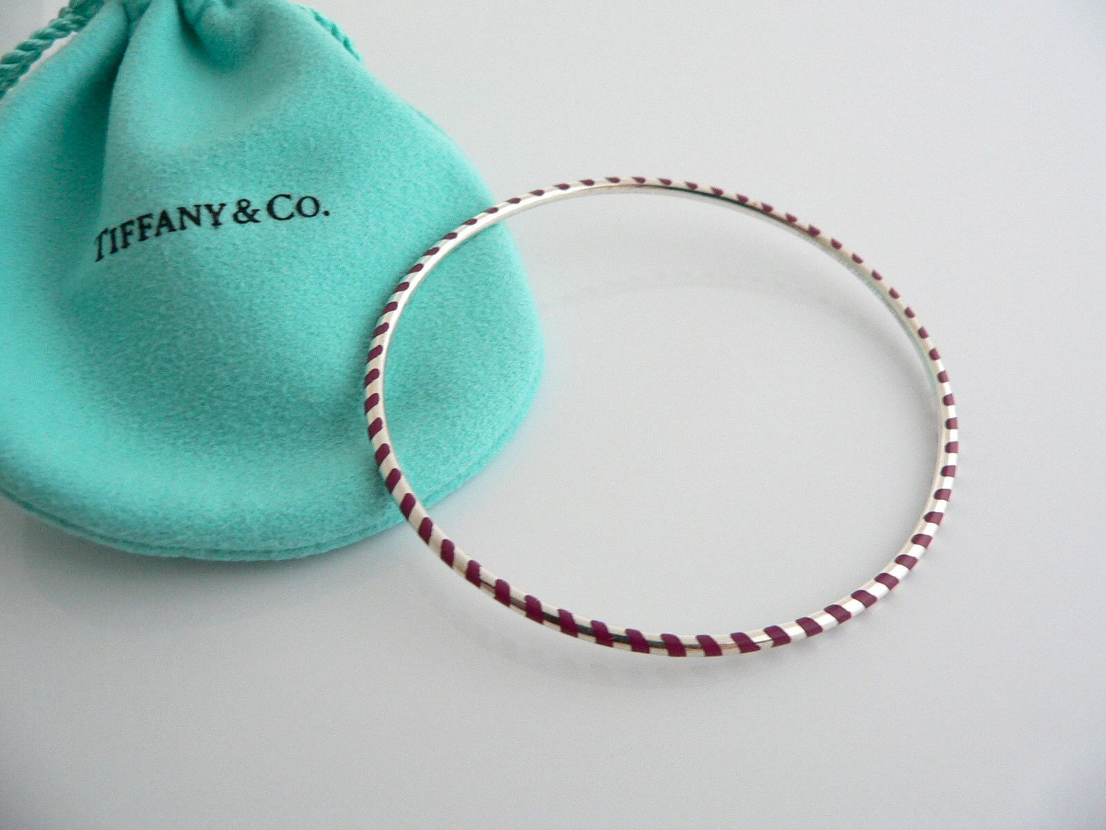 Tiffany & Co Silver Palina Red Enamel Stripe Bangle Bracelet Gift Pouch Love - $398.00