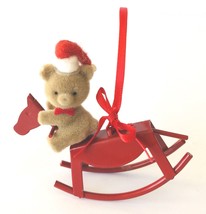 Rocking Horse Red Metal Christmas Ornament with Brown Fuzzy Teddy Bear 2-7/8&quot; - £13.11 GBP