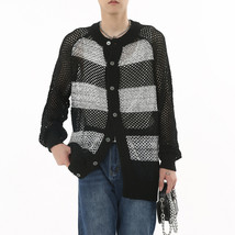 Autumn New Korean Style Contrast Color Striped Hollow Knitted Sweater Coat Ins - £40.10 GBP+