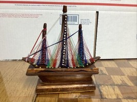 Mid Century String Art Sailboat Ship Wooden Free Standing 6x6 Inch Handcrafted - £15.15 GBP