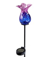 Flower Solar Garden Stake Blue Purple Glass Metal Double Pronged 22.8&quot; High - $39.59