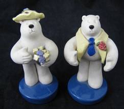 Vintage Clay Polar Bear Figurine Set Signed Damm Valentine Bride Groom W... - $12.82