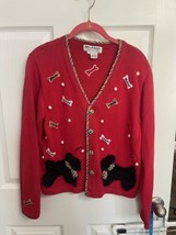 Vintage Jack B Quick Scottie Dogs Bones Embellished Cardigan Sweater Large Red - £22.41 GBP