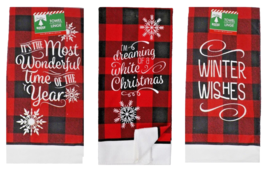 3pc SET-Red Black Buffalo Plaid Microfiber Kitchen Hand Towels Christmas Phrases - £8.19 GBP