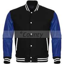 Super Varsity Bomber Letterman Baseball Jacket Black Body Blue Leather Sleeves - £77.93 GBP