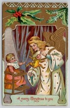 Christmas Greeting Beautiful Golden Wing Angel With Toy fof Child Postcard Z25 - £10.93 GBP