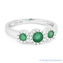 0.54ct Round Cut Emerald &amp; Diamond Pave Three-Stone Halo Ring in 14k White Gold - £611.24 GBP