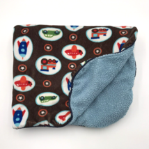 Baby Blanket Vehicles Rocket Plane Train Brown Blue Sherpa - £11.98 GBP