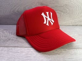 New York Upside Down Ny Red Hat 5 Panel High Crown Trucker Snapback Vintage - £18.43 GBP
