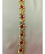 10.00 Ct Pear Cut Red Ruby &amp; Diamond Tennis Bracelet In 14k Yellow Gold ... - $217.03 CAD