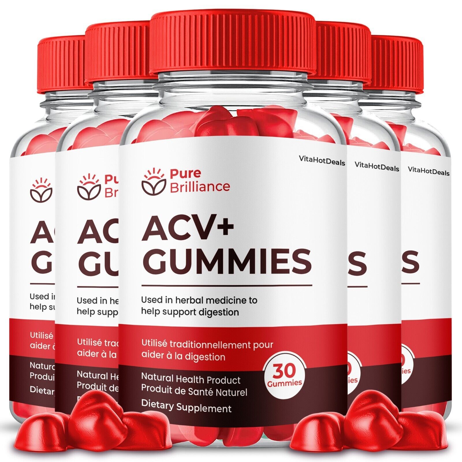 5 Pack Pure Brilliance ACV Gummies Apple Cider Vinegar Max Strength Gummies