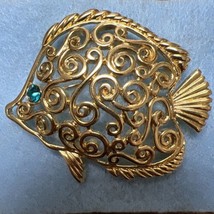 Vintage Trifari Figural Angel Fish Brooch pin Gold openwork scroll aqua stone - £15.73 GBP