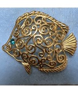 Vintage Trifari Figural Angel Fish Brooch pin Gold openwork scroll aqua ... - £15.02 GBP