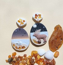 Ocean Landscape Earrings, Moose And Seagull Earrings With Natural Amber Stone, H - £37.39 GBP