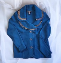 Alfani Dark Teal Blue 100% Merino Wool Ruffle Collar Cardigan Sweater Med EUC - £27.37 GBP