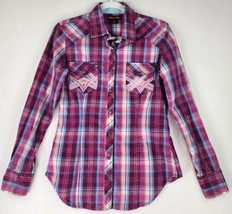 Rock &amp; Roll Cowgirl Shirt Medium Purple Blue Plaid Collared Snap On Long Sleeve - £28.01 GBP
