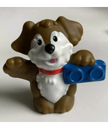 Fisher Price Little People Dog Brown White Holding Blue Block 2 1/4&quot; Fig... - £7.76 GBP