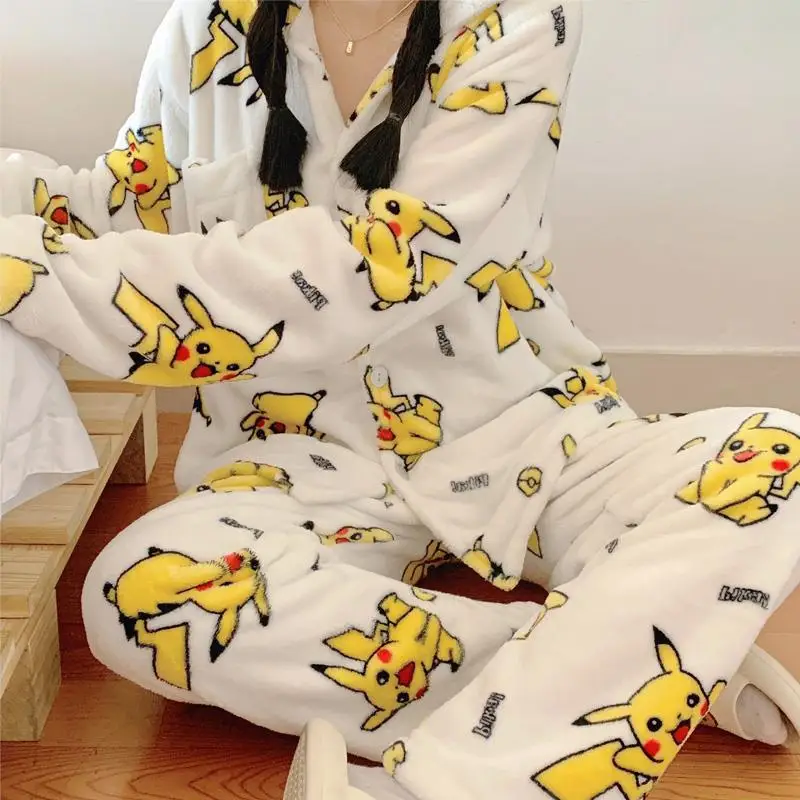 Kawaii Pokemon Cartoon Nightdress Short Plush Pajamas Winter Warm Pikachu Cute - £32.09 GBP