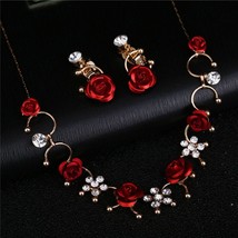 Women Elegant 1 Pair Ear Clip+1 Necklace Red Flower Casual Dress Accessory Fashi - £10.74 GBP