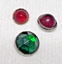 3 Vintage Round Metal Dress Buttons Glass Set in Metal Green &amp; Red - $9.41