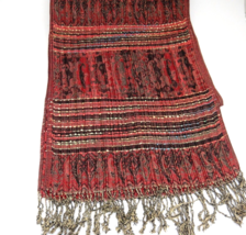 Brick Red Scarf Wrap with Blue and Black Pleated Fringed 12&quot; x 68&quot; - £8.52 GBP