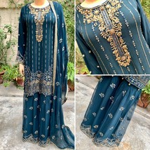 Pakistani Dark Teal Straight Style Embroidered Sequins Chiffon Sharara Dress,L - £93.62 GBP