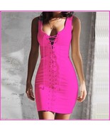 Fire Pink Sleeveless Front Lace Up Tunic Sheath Mini Length Pencil Dress - $996.03 MXN